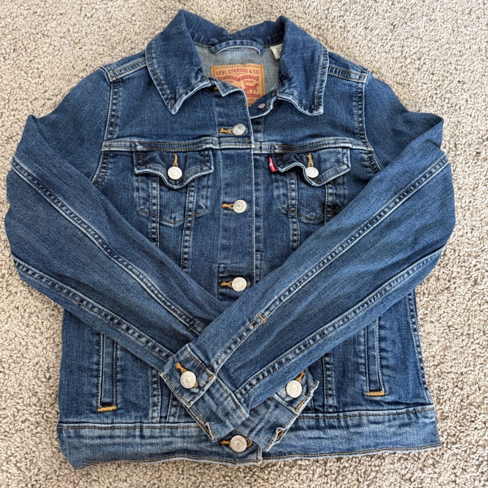 Levis Womens Medium Wash Denim Trucker Jacket Blue Stretch Size‎ XS Jean Jacket
